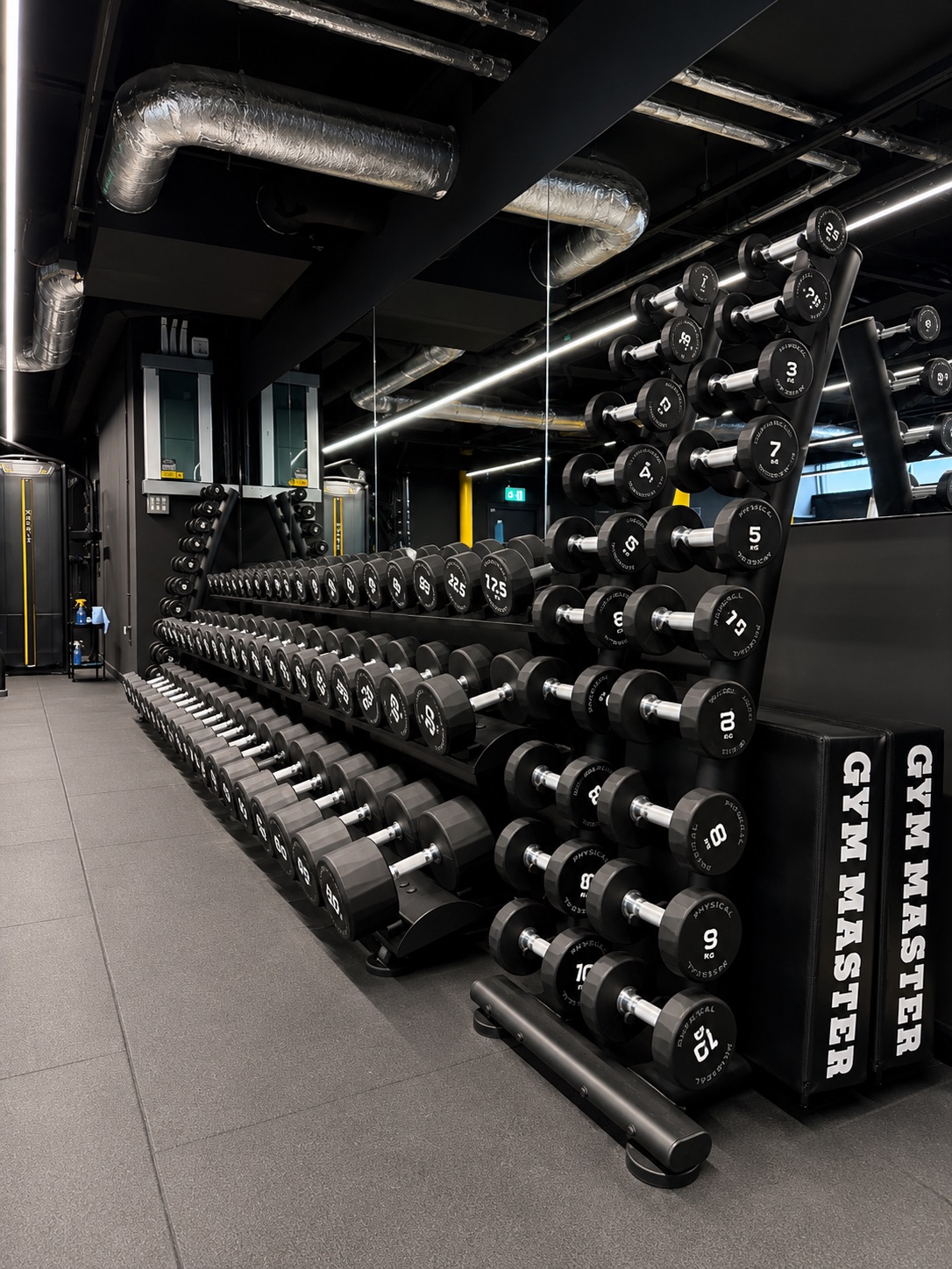 Full dumbbell rack with a complete range of free weights at the Full Motion Physio Manchester gym