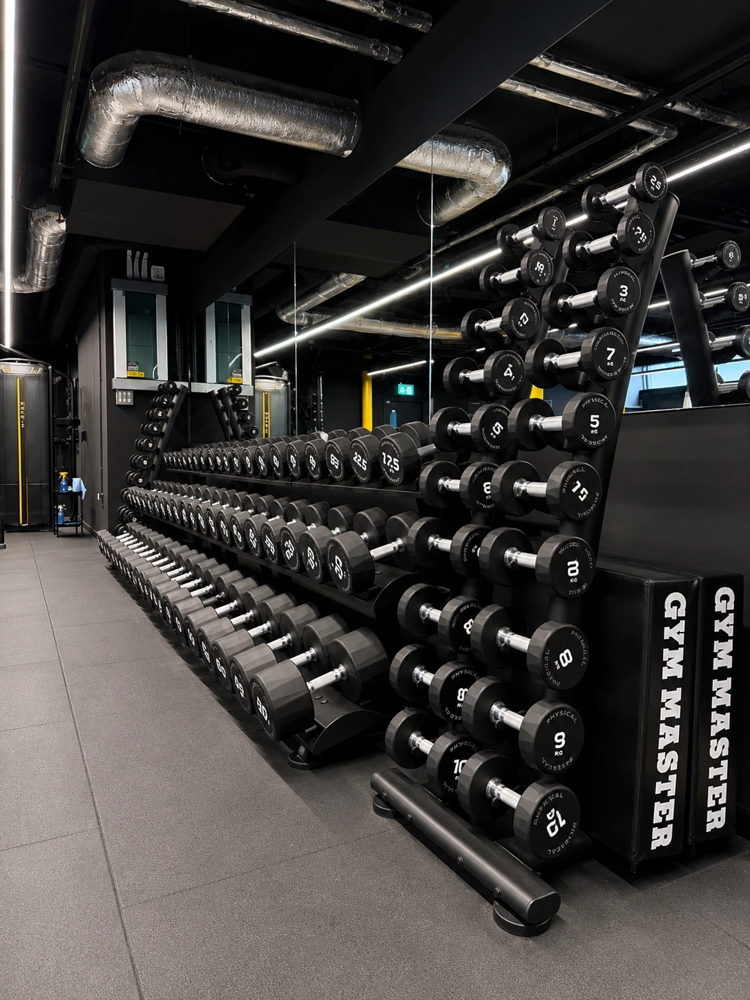 Full dumbbell rack with a complete range of free weights at the Full Motion Physio Manchester gym