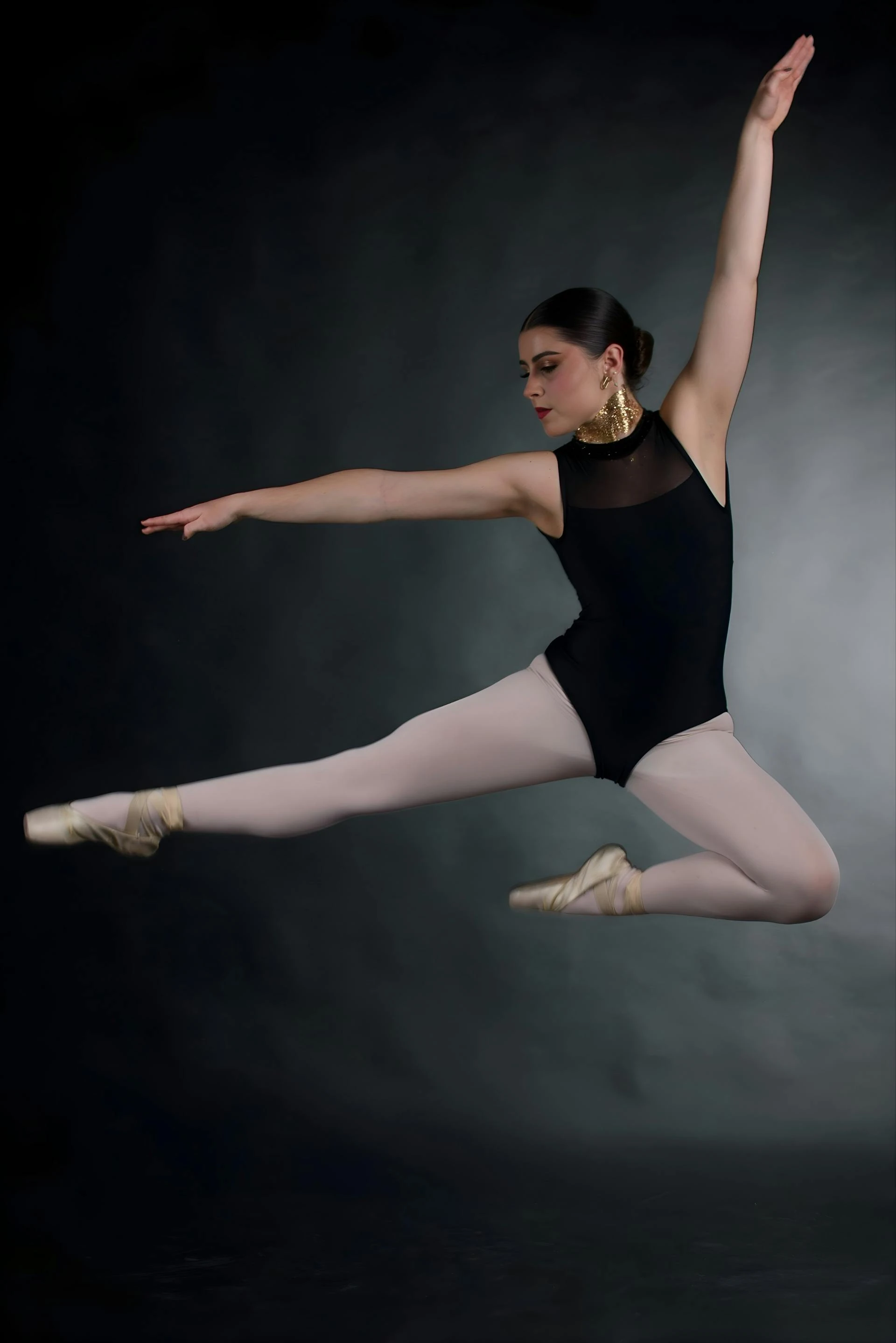 Ballet dancer captured mid-jump in performance