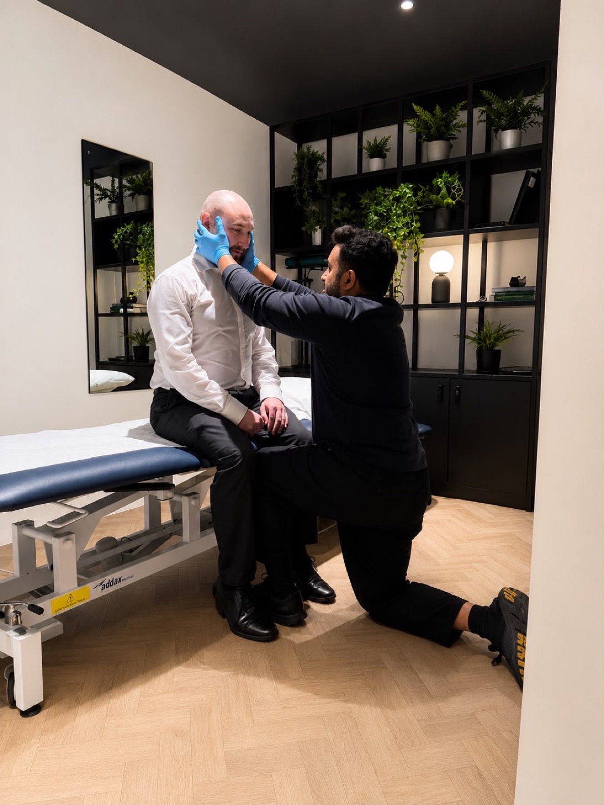Physiotherapist carrying out a positional vestibular and balance assessment at Full Motion Physio Manchester