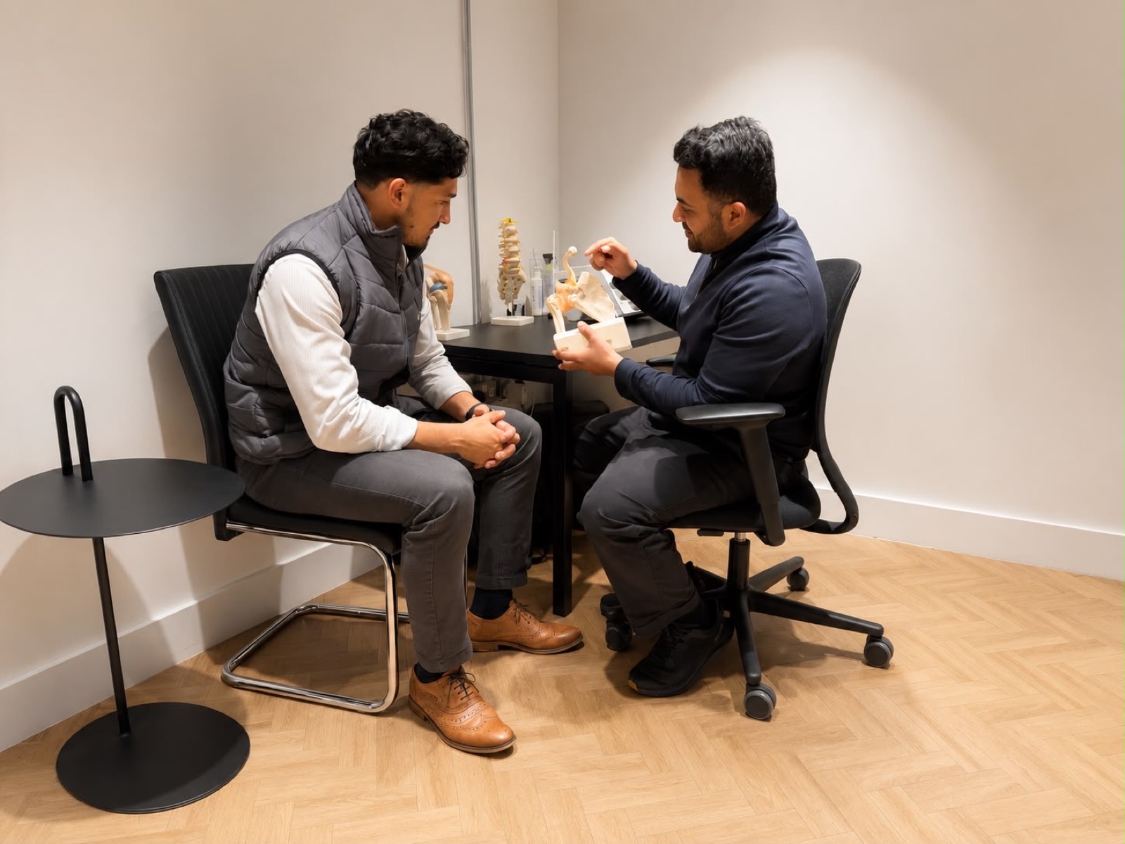Physiotherapist explaining a diagnosis to a patient during an initial assessment at Full Motion Physio Manchester