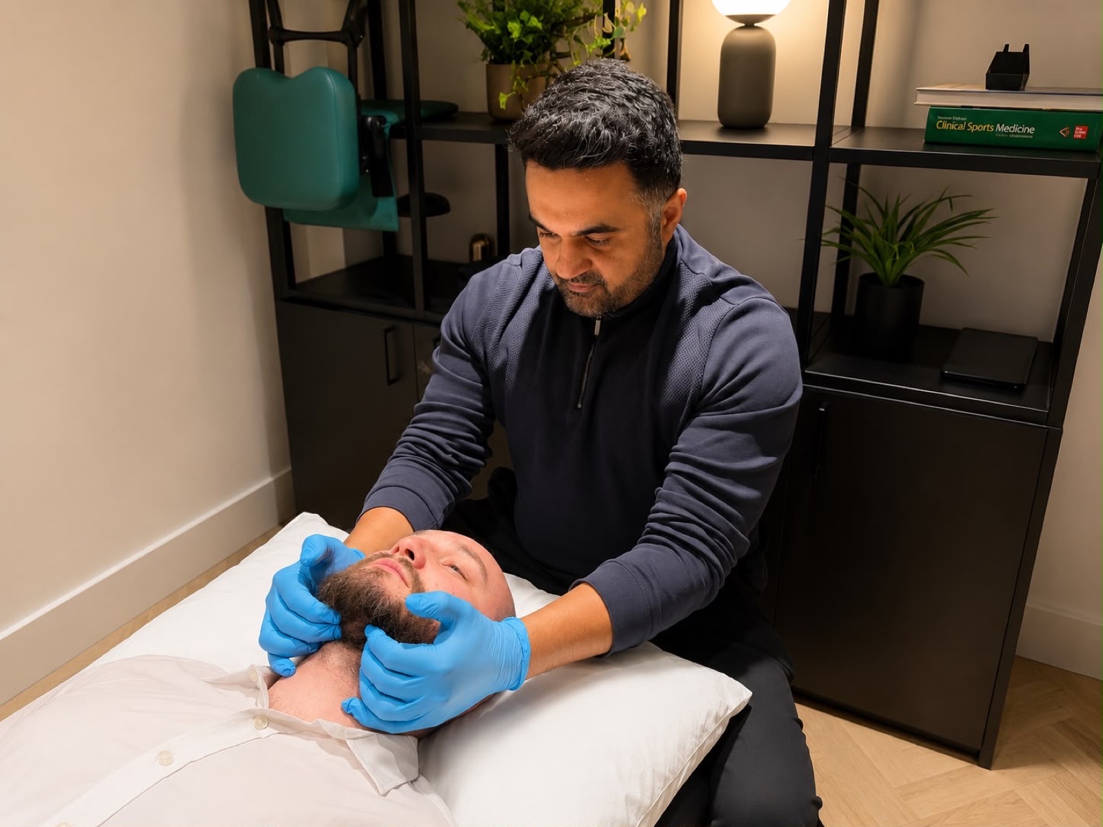 Hands-on laryngeal physiotherapy around the jaw and neck at Full Motion Physio Manchester